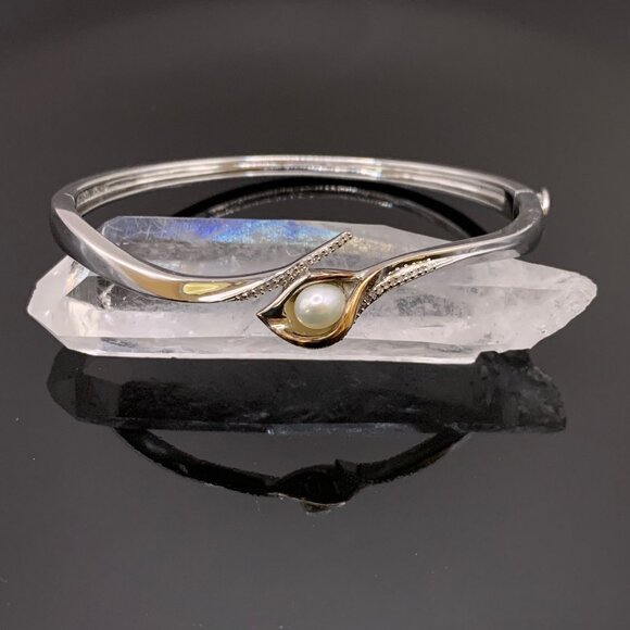 Alwand Vahan Calla Lily Pearl Diamond 925 14K Gold Hinged Bangle Bracelet #787 - Picture 1 of 9